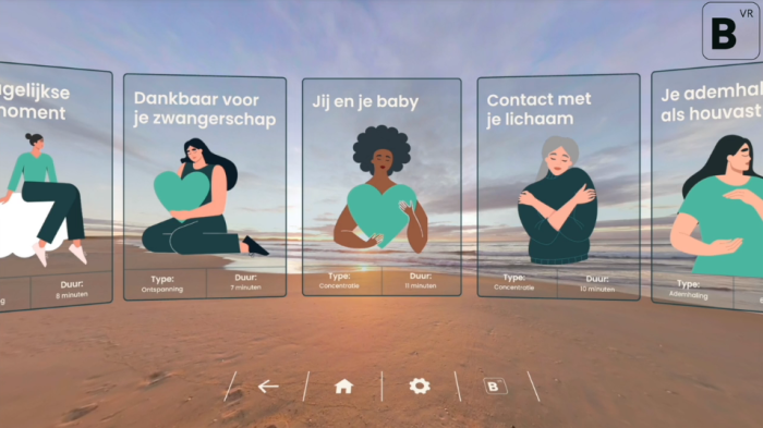 Illustratie: met BirthVR waant de patiënt zich op het strand of in de bergen en kan zij een module kiezen (bron: birthvr.nl).